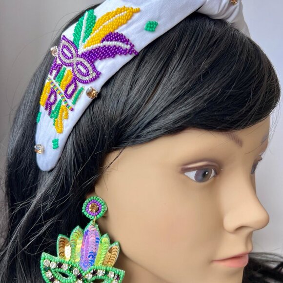 Carnival Mask Mardi Gras Beaded Knotted Headband - Picture 4 of 5
